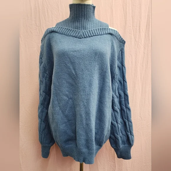 Cold Shoulder Turtleneck Long Sleeve Loose Ribbed Knit Pullover Sweater-(Large) - Picture 4 of 9